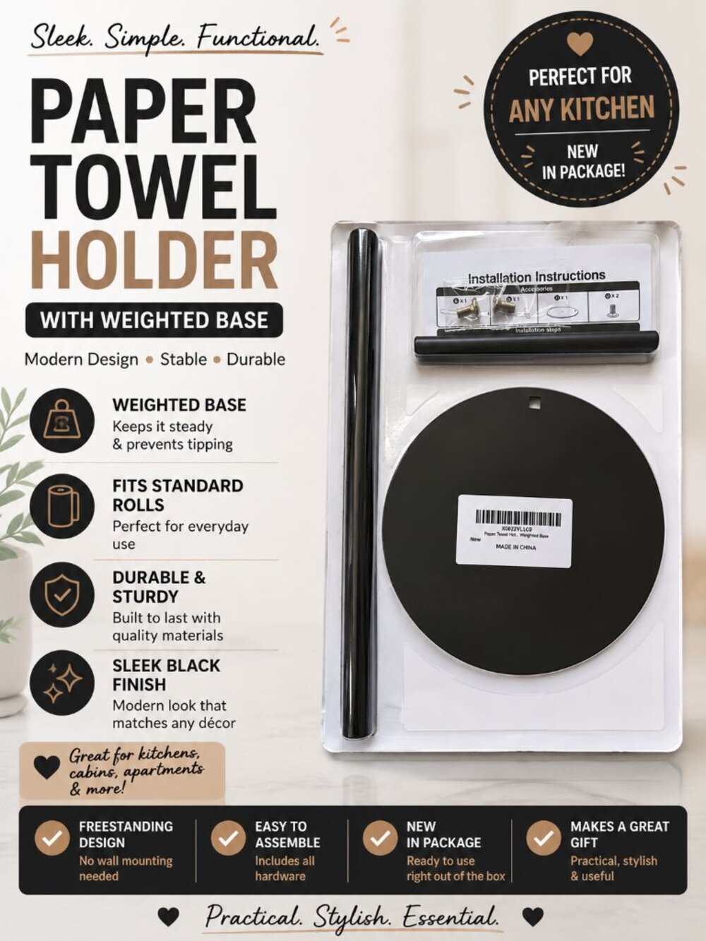Black Paper Towel Holder Stand Weighted Base Countertop Kitchen Organizer New